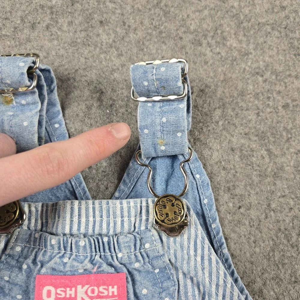 Vintage OshKosh B'gosh Overalls Baby Girls 6M Blue Polka Dot Hickory Stripe 80s